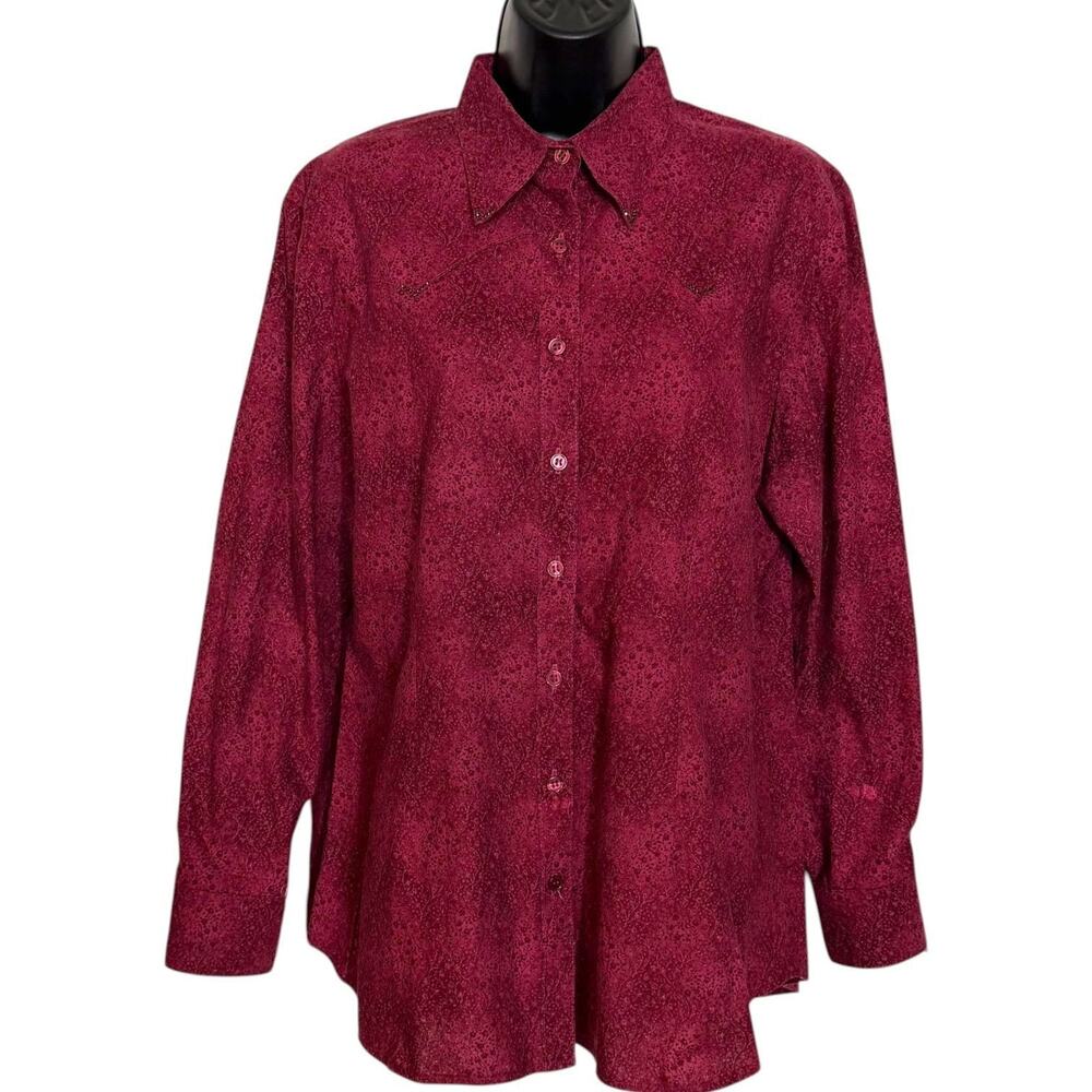 VINTAGE CR RANCH BURGUNDY CALICO WESTERN SHIRT RHINESTONE ACFENTS SIZE L